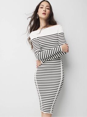 White House Black Market Black & White Striped Boatneck Knit Dress